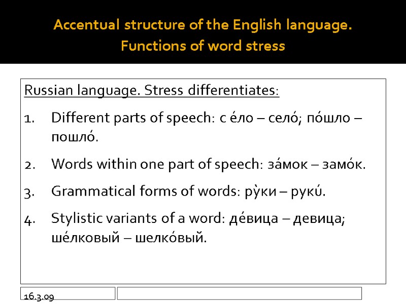 16.3.09 Accentual structure of the English language.  Functions of word stress Russian language.